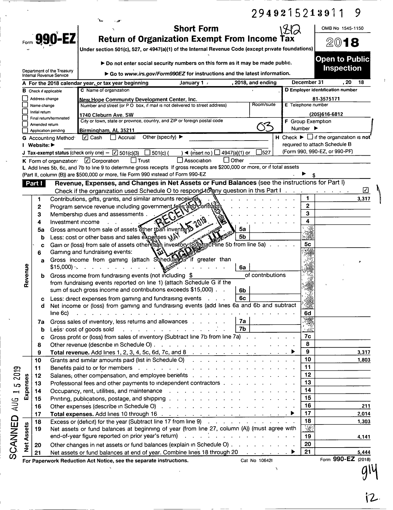 Image of first page of 2018 Form 990EZ for New Hope Community Development Center