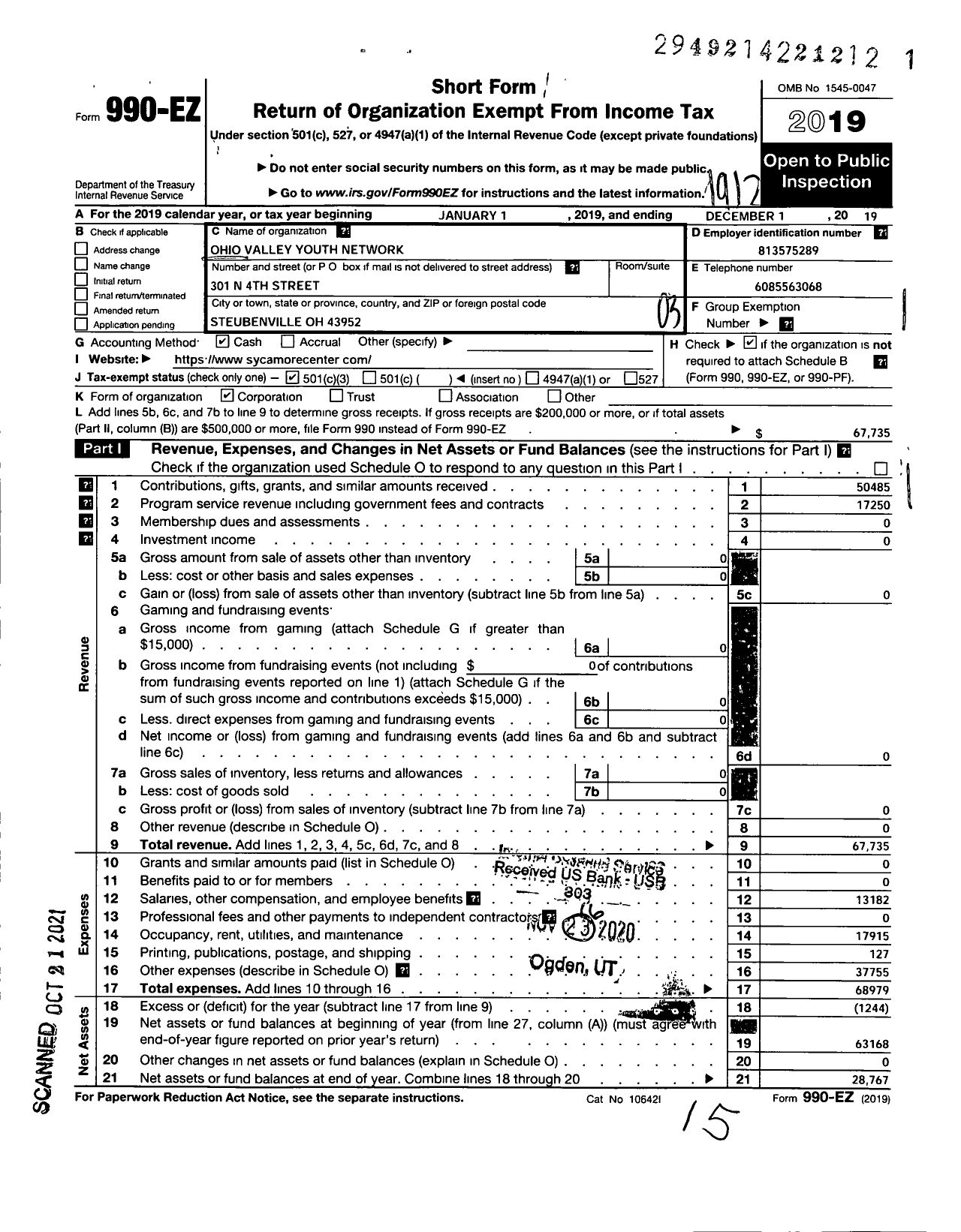 Image of first page of 2019 Form 990EZ for Ohio Valley Youth Network