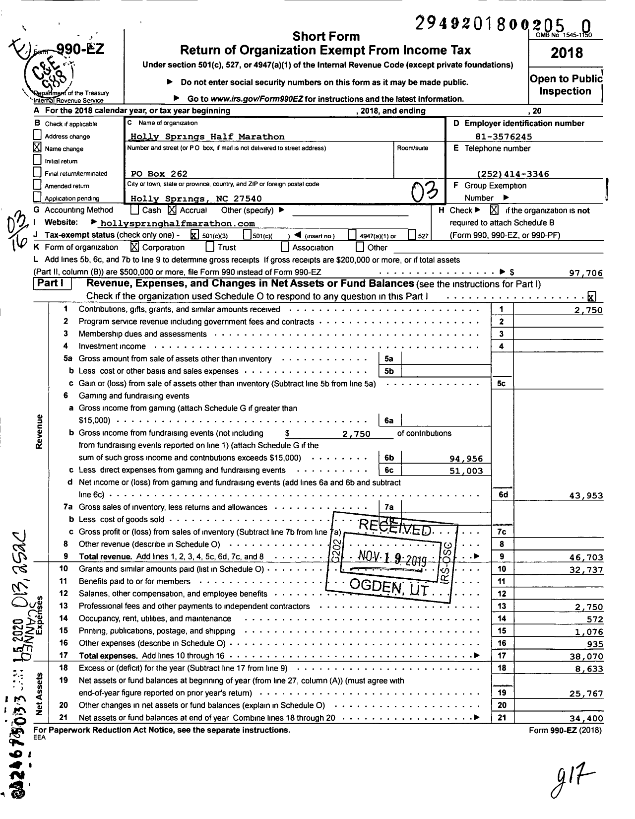 Image of first page of 2018 Form 990EZ for Holly Springs Half Marathon