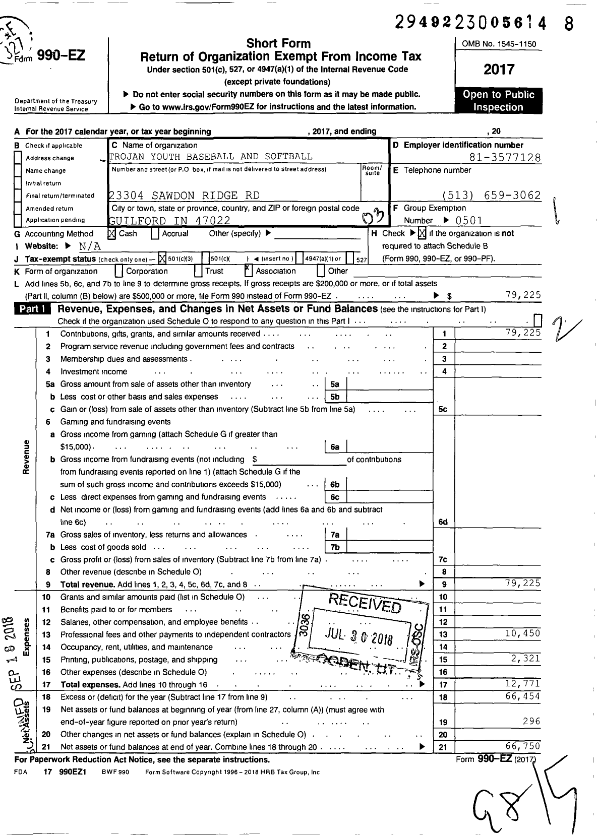 Image of first page of 2017 Form 990EZ for Trojan Youth Baseball and Softball (TYBS)