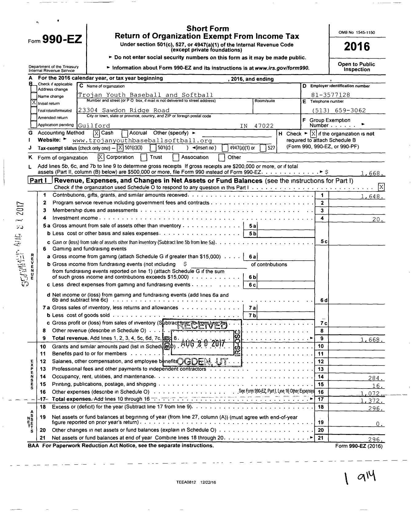 Image of first page of 2016 Form 990EZ for Trojan Youth Baseball and Softball (TYBS)