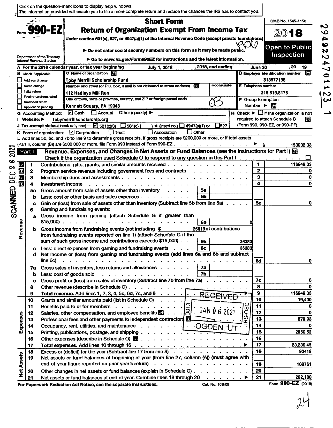 Image of first page of 2018 Form 990EZ for Toby Merrill Scholarship Fund