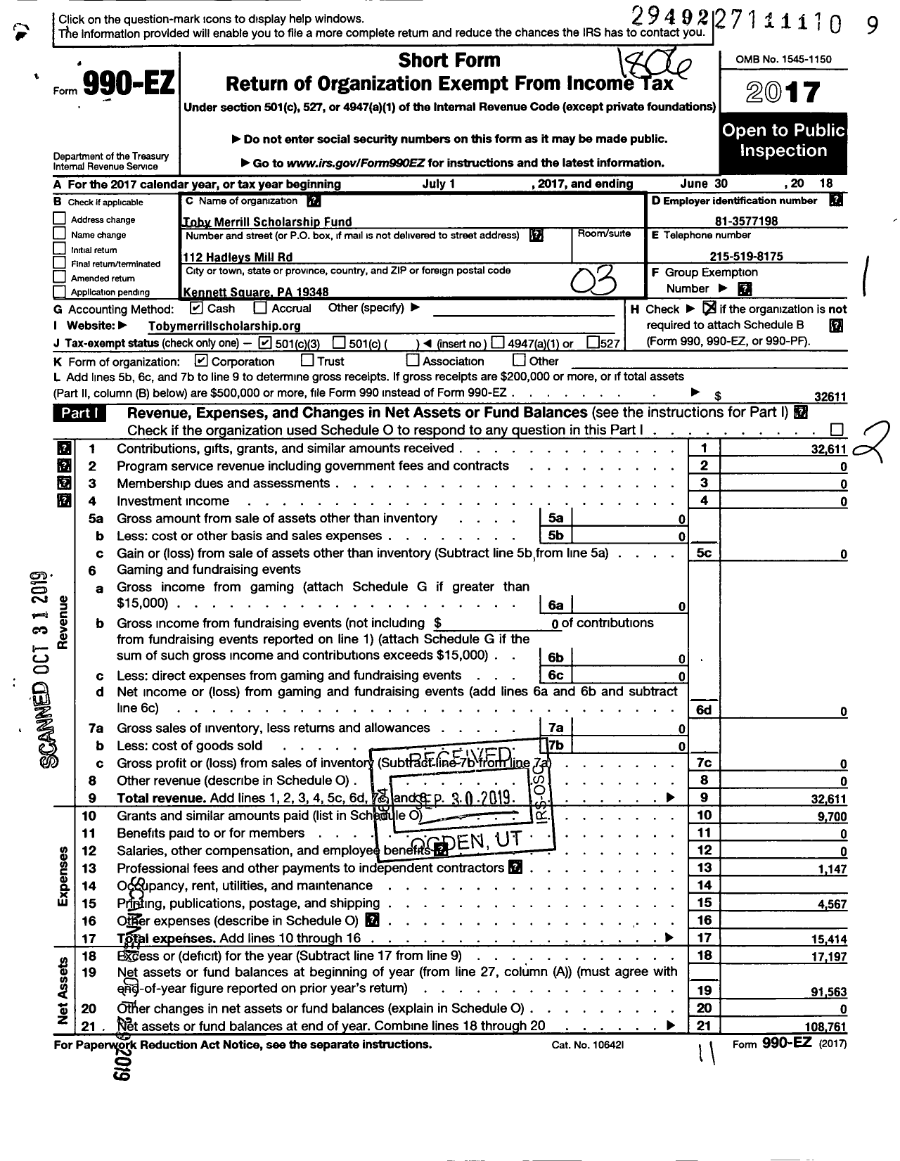 Image of first page of 2017 Form 990EZ for Toby Merrill Scholarship Fund