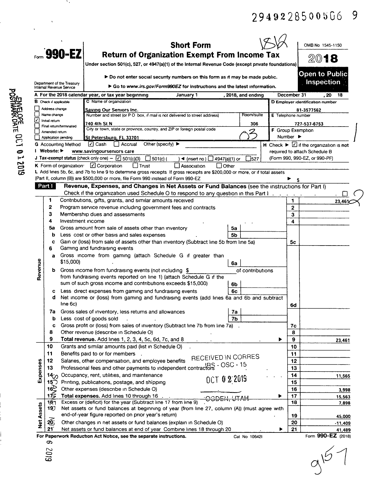 Image of first page of 2018 Form 990EZ for Saving Our Seniors