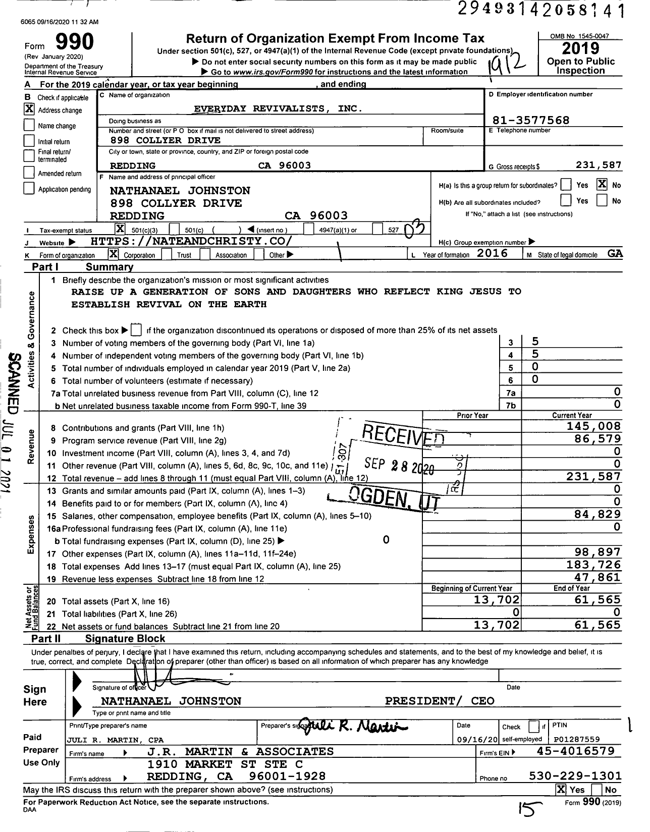 Image of first page of 2019 Form 990 for Everyday Revivalists