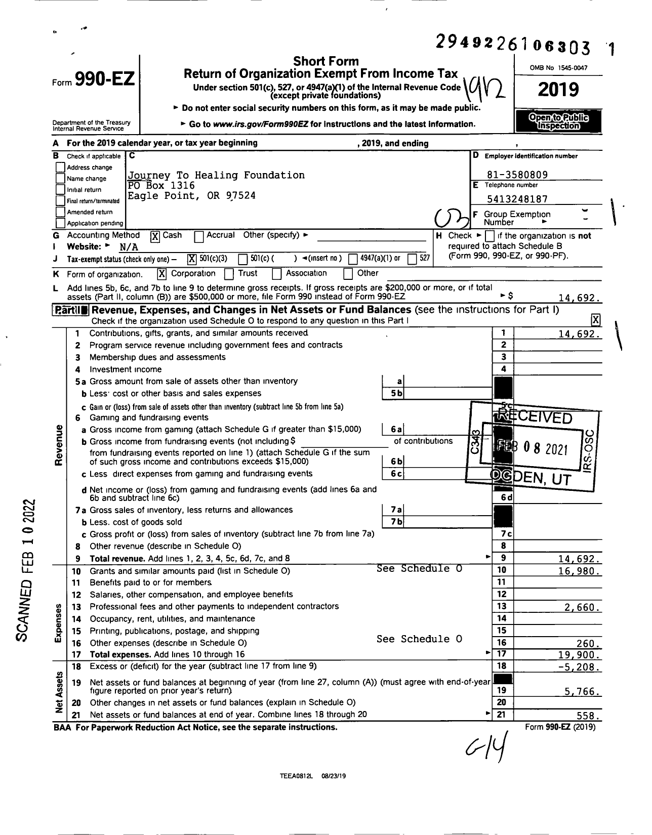 Image of first page of 2019 Form 990EZ for Journey To Healing Foundation