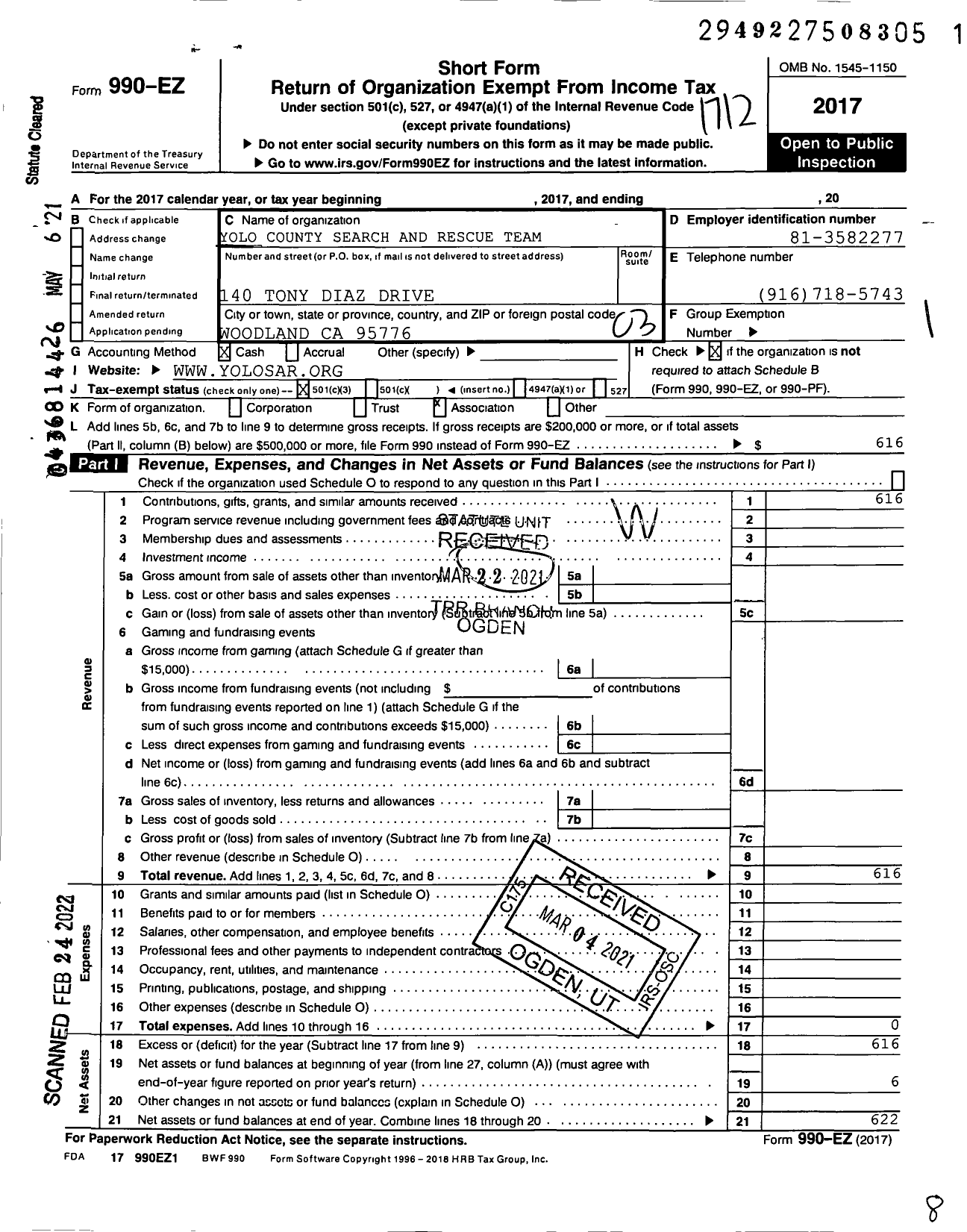 Image of first page of 2017 Form 990EZ for Yolo County Search and Rescue Team