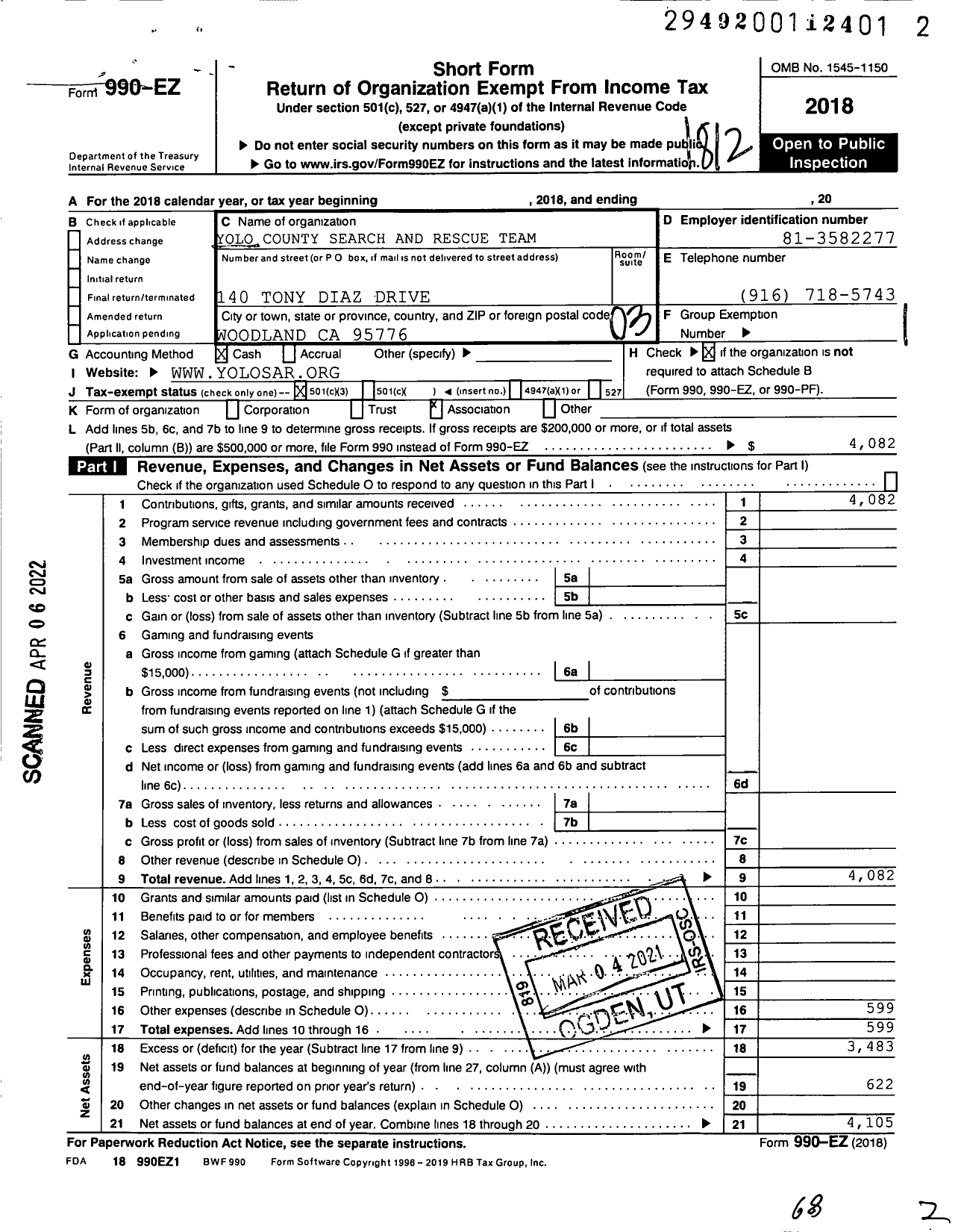 Image of first page of 2018 Form 990EZ for Yolo County Search and Rescue Team