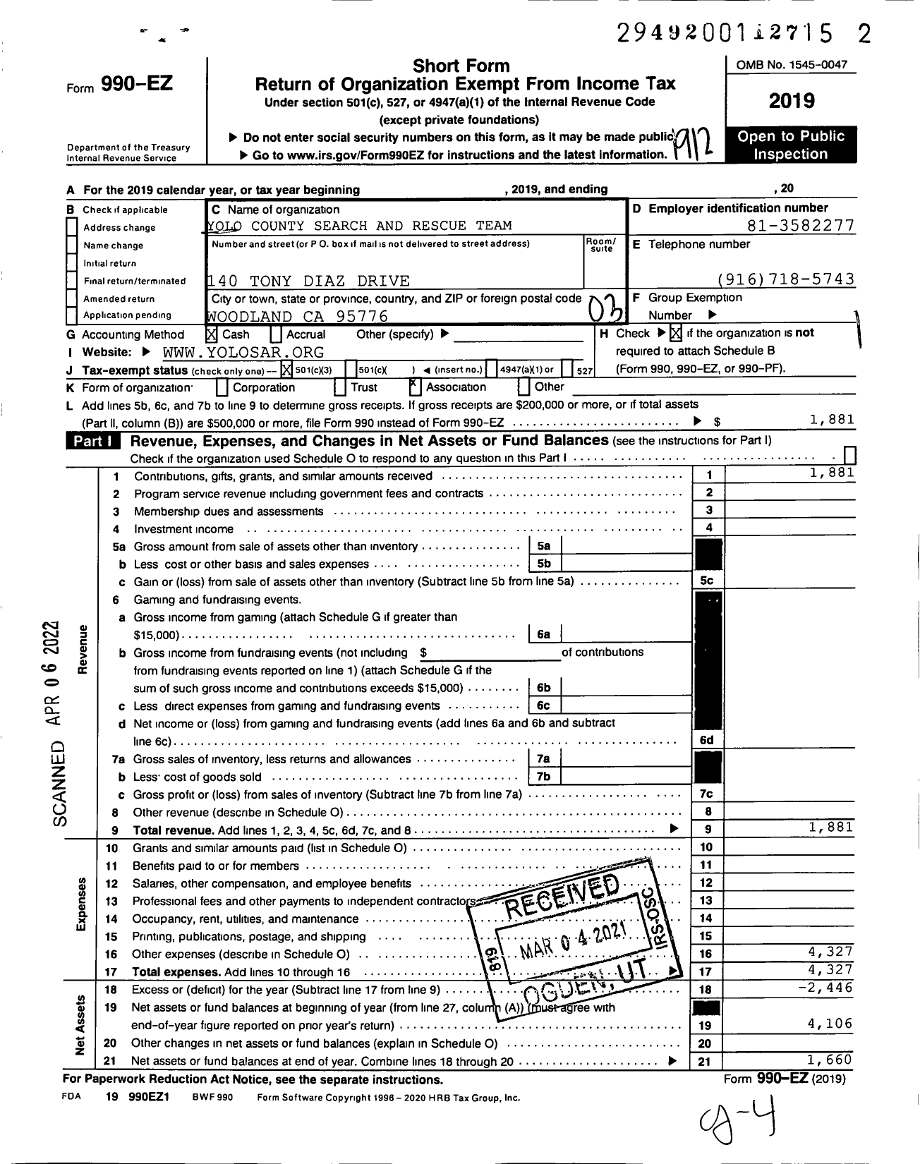 Image of first page of 2019 Form 990EZ for Yolo County Search and Rescue Team