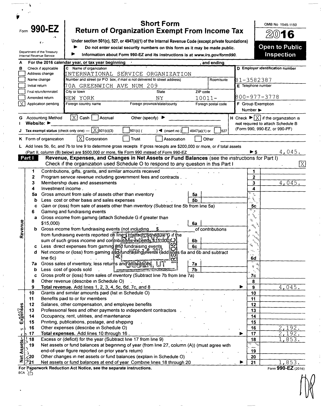 Image of first page of 2016 Form 990EZ for International Service Organization of Sexual Compulsives Anonymous