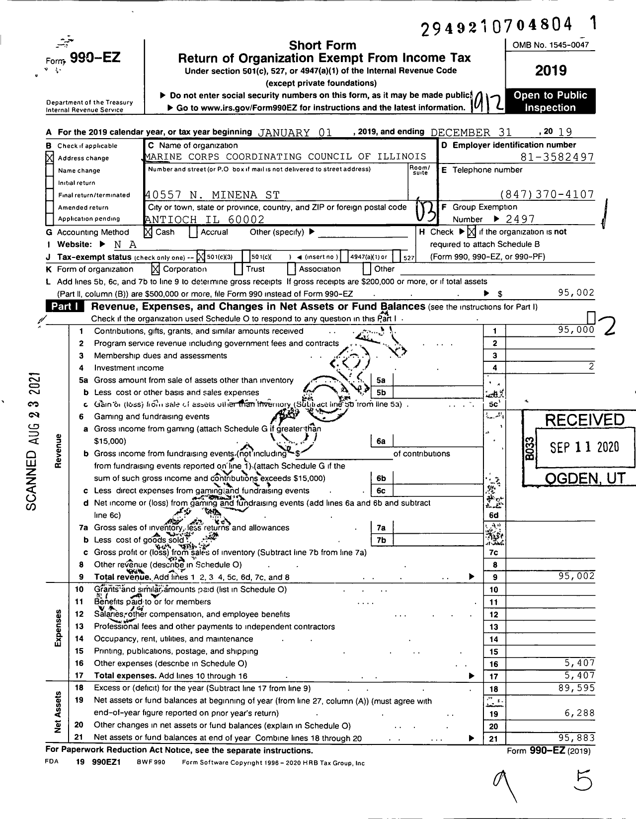 Image of first page of 2019 Form 990EZ for Marine Corps Coordinating Council of Illinois