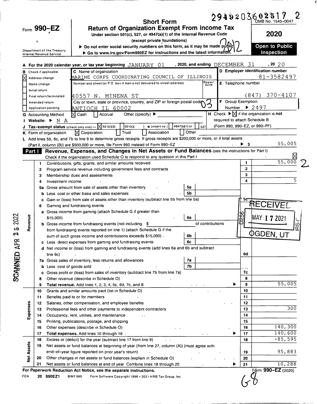 Image of first page of 2020 Form 990EZ for Marine Corps Coordinating Council of Illinois