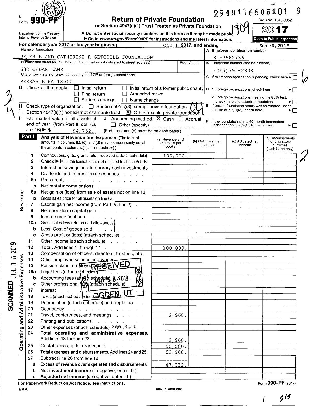 Image of first page of 2017 Form 990PF for Peter E and Catherine R Getchell Foundation