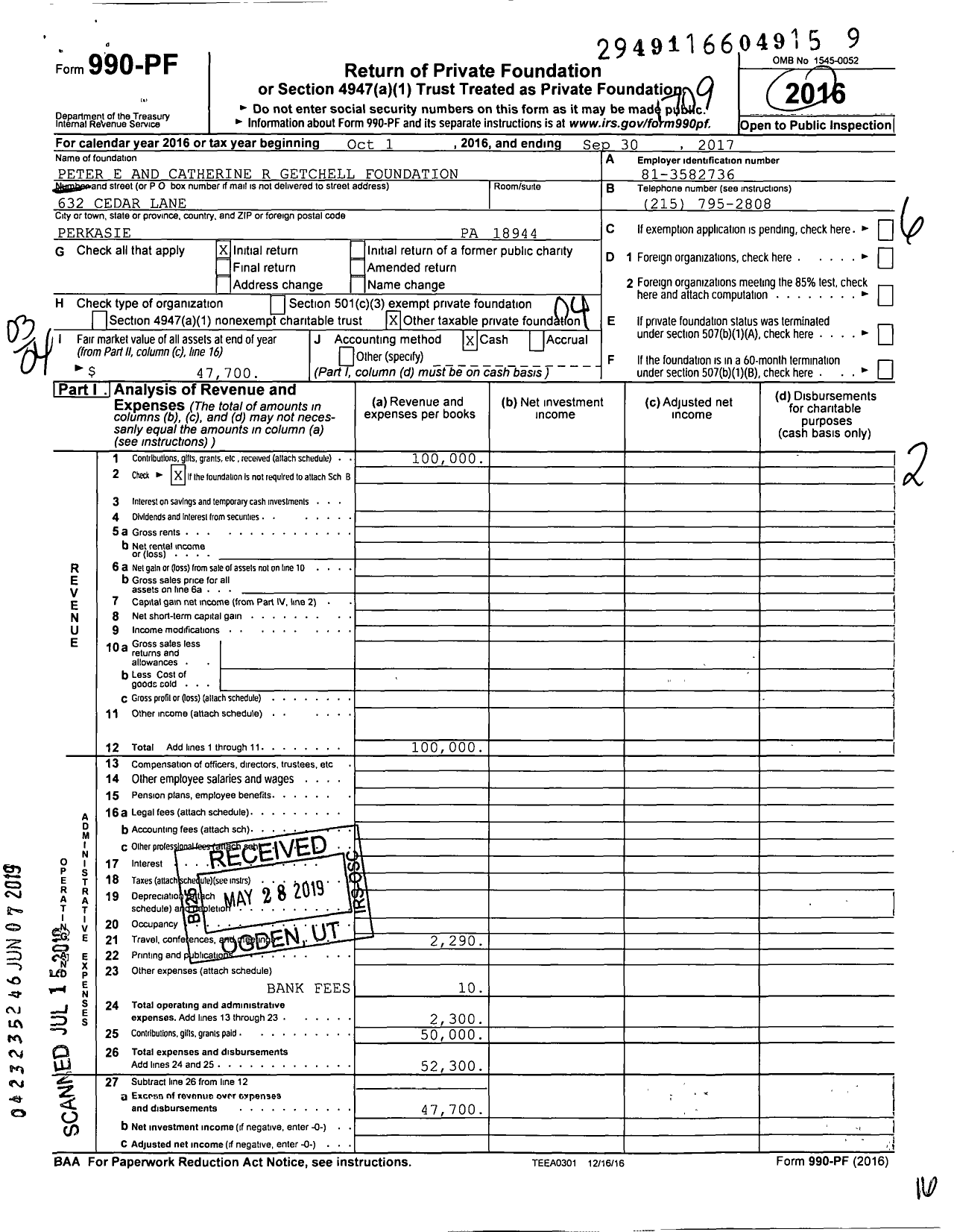 Image of first page of 2016 Form 990PF for Peter E and Catherine R Getchell Foundation