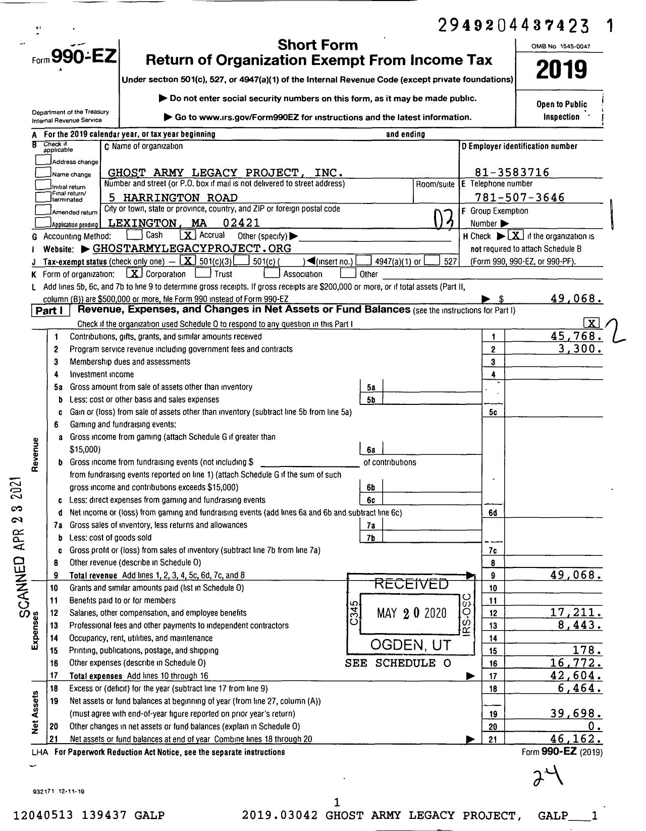 Image of first page of 2019 Form 990EZ for Ghost Army Legacy Project