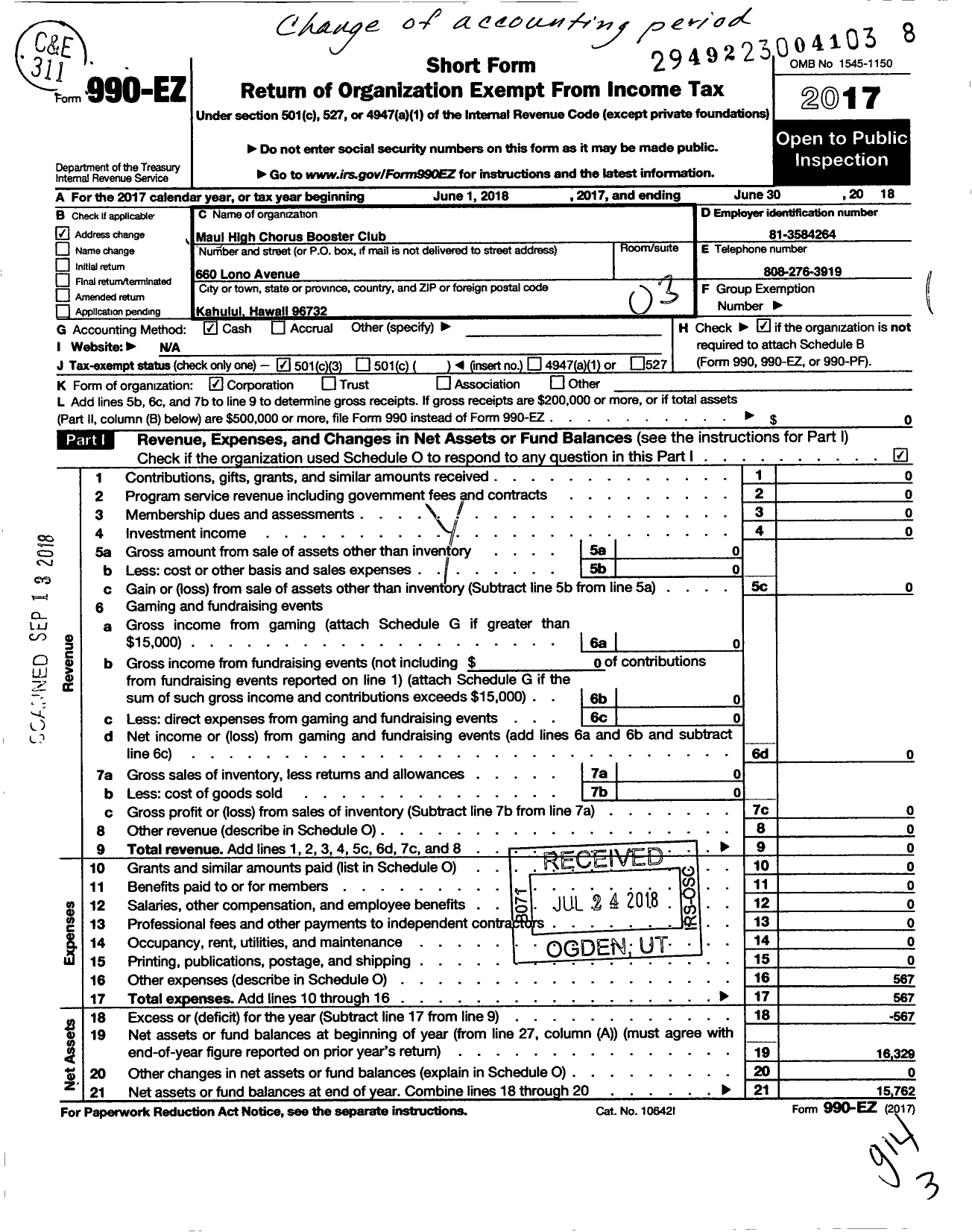 Image of first page of 2017 Form 990EZ for Maui High Chorus Booster Club