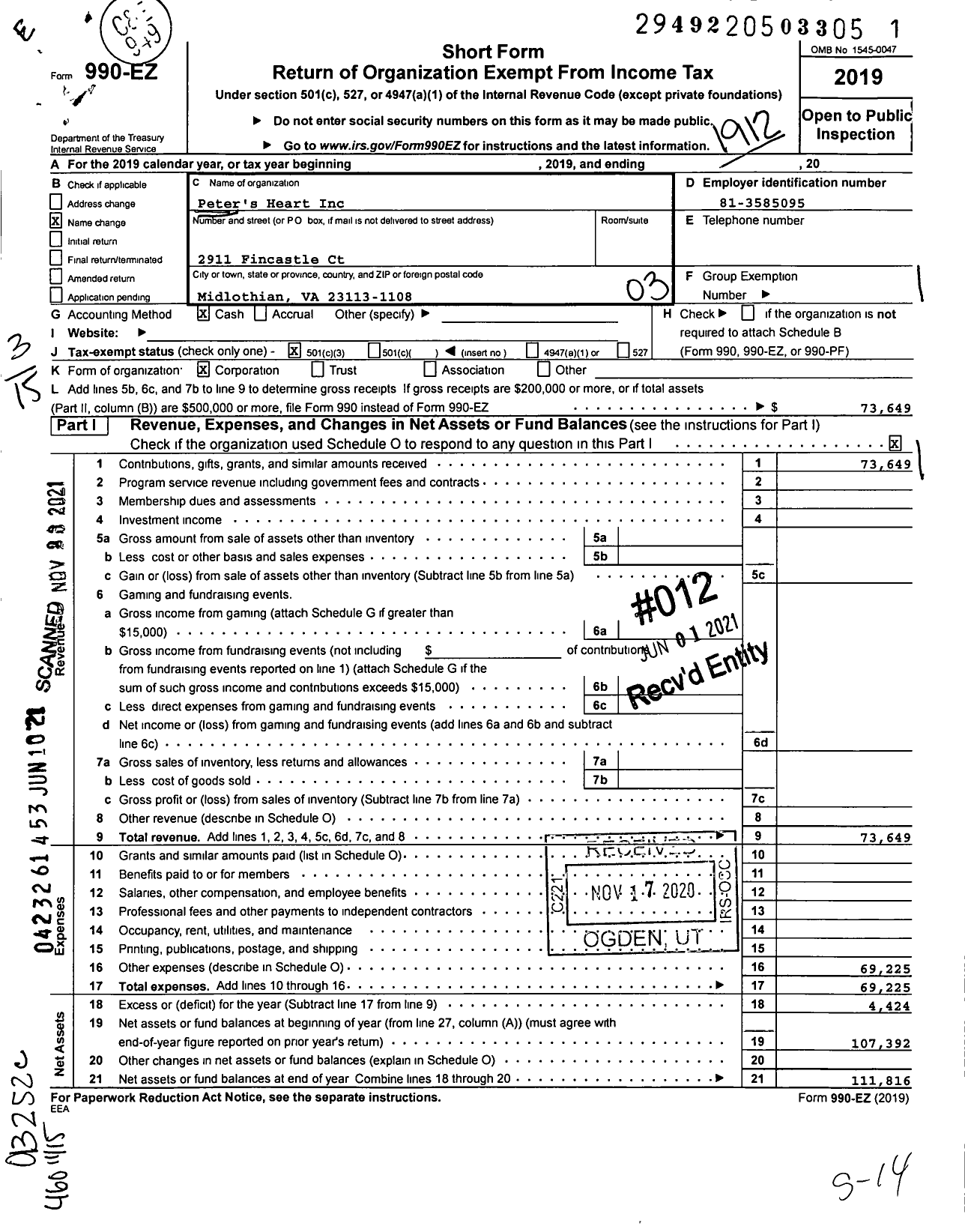 Image of first page of 2019 Form 990EZ for Peters Heart