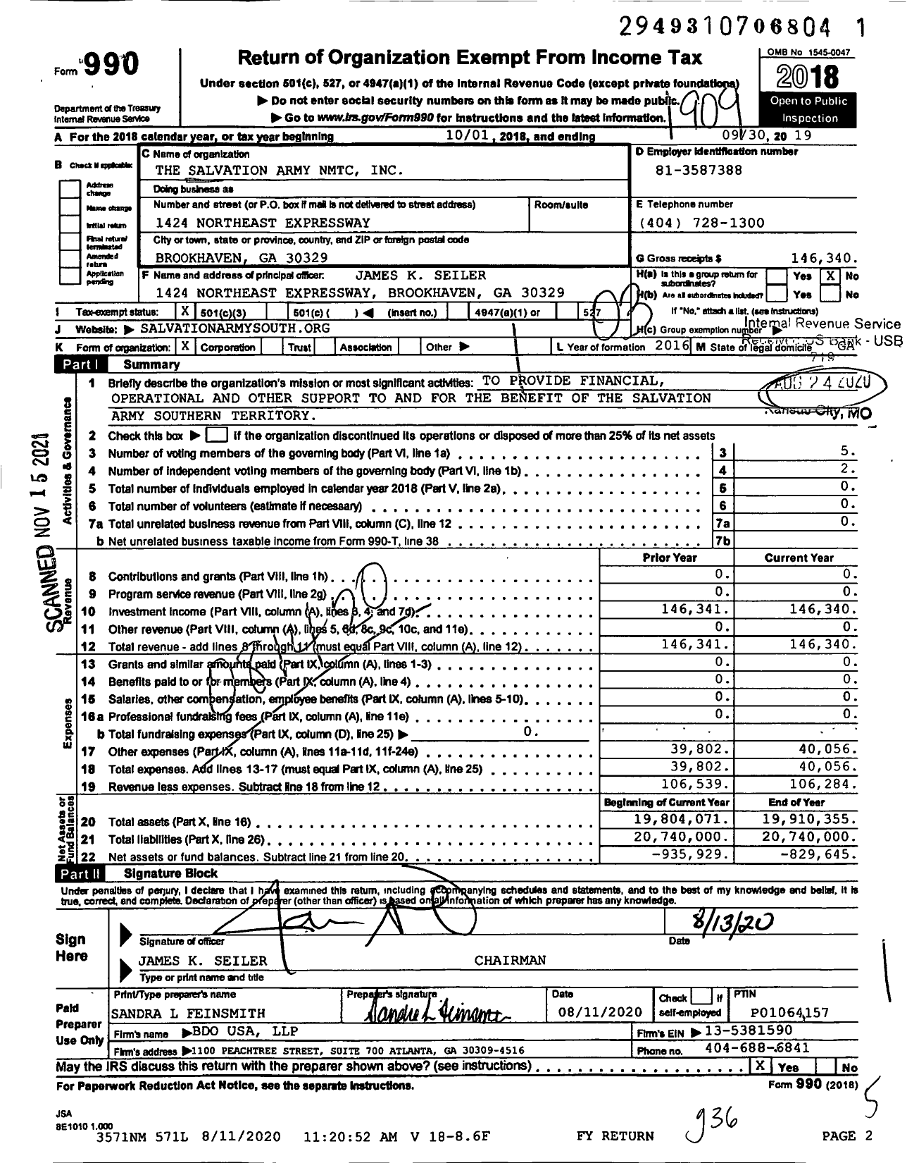 Image of first page of 2018 Form 990 for The Salvation Army NMTC