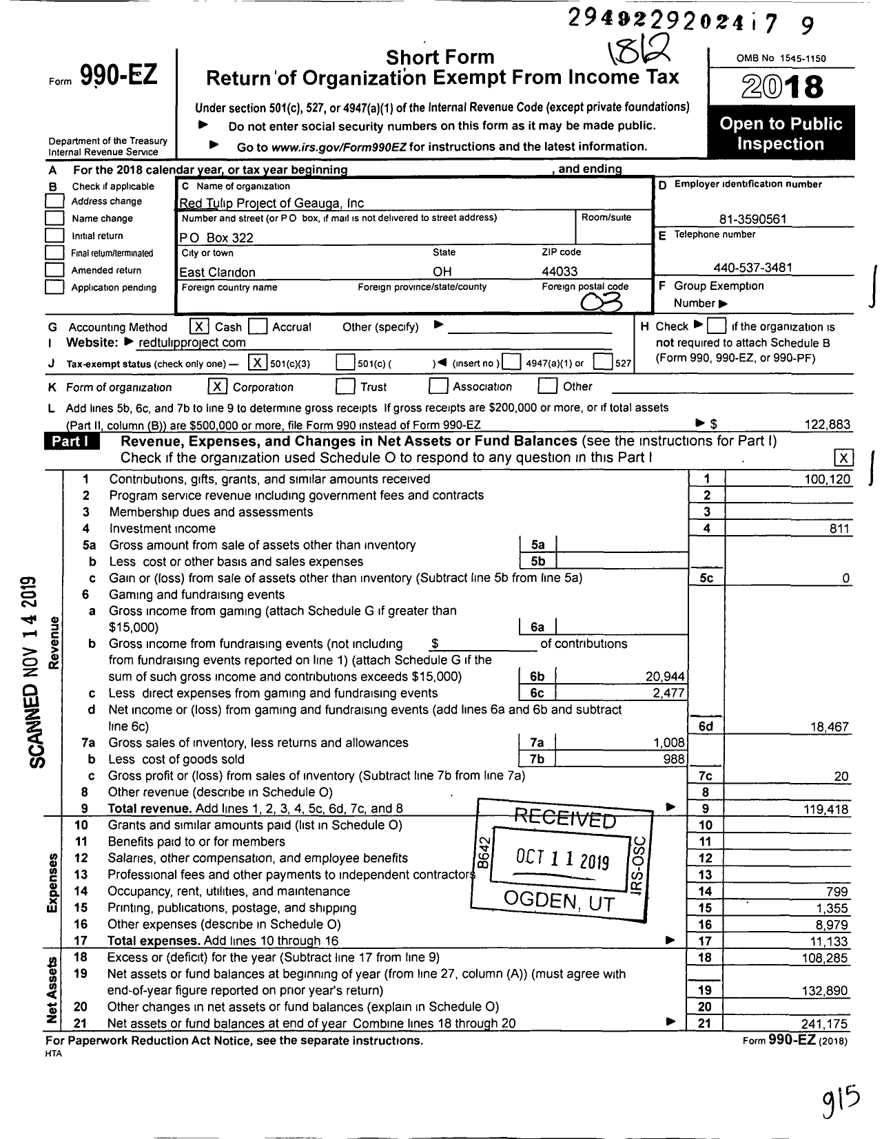 Image of first page of 2018 Form 990EZ for Red Tulip Project of Geauga