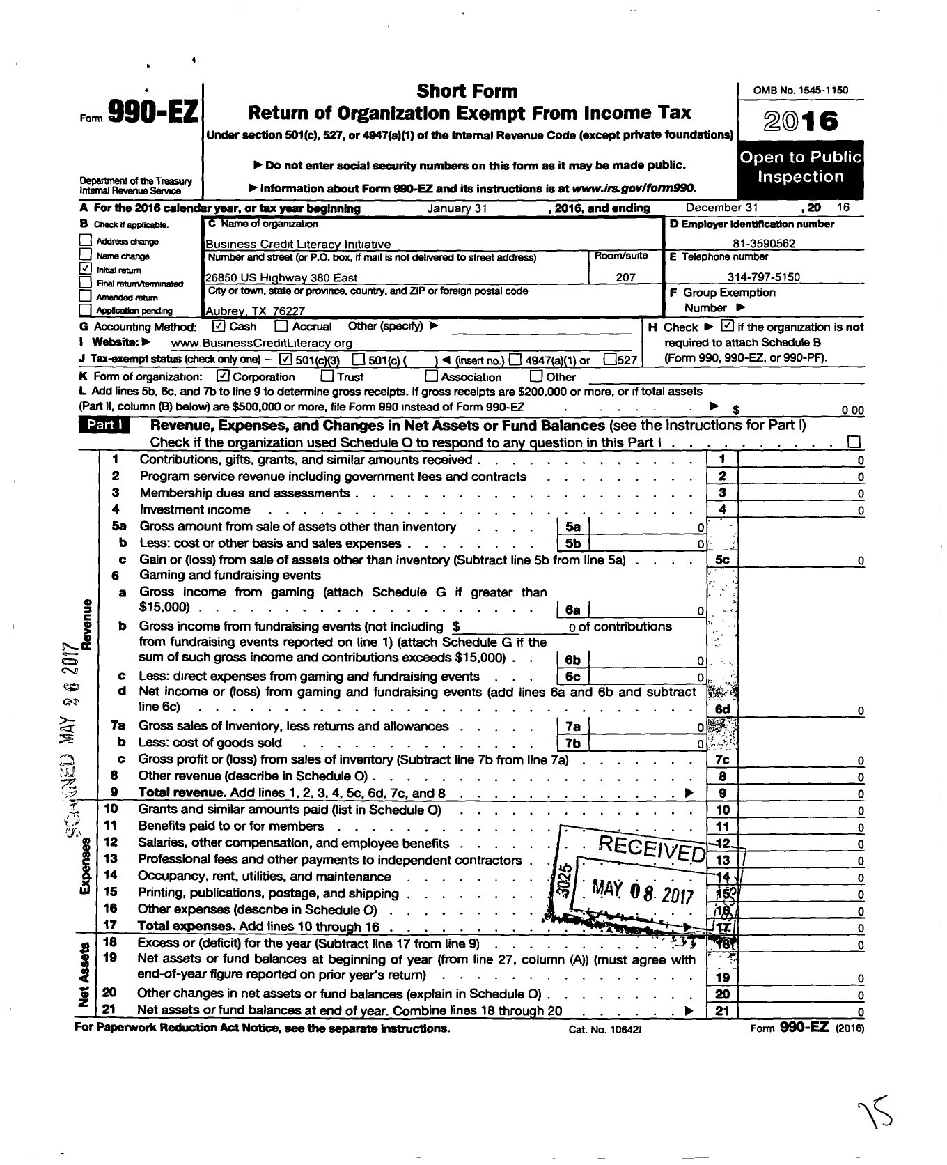 Image of first page of 2016 Form 990EZ for Business Credit Literacy Initiative