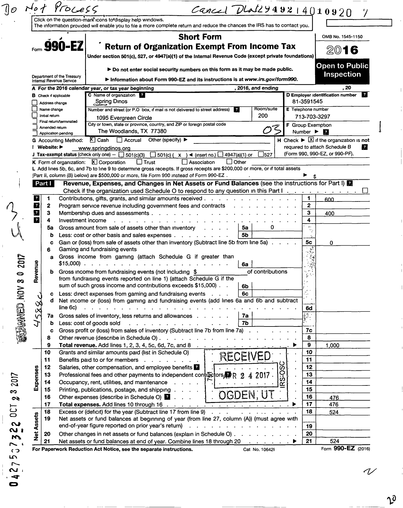 Image of first page of 2016 Form 990EO for Spring Dinos