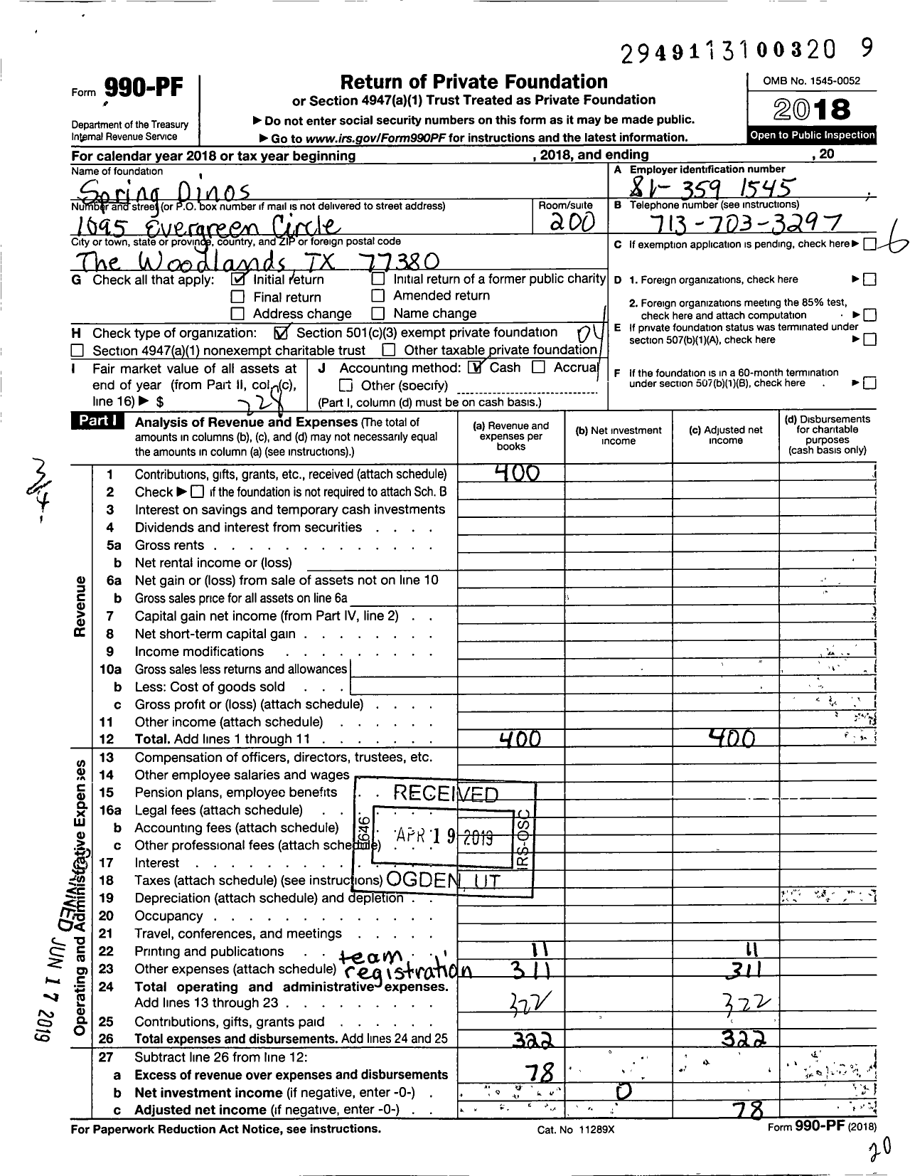 Image of first page of 2018 Form 990PF for Spring Dinos