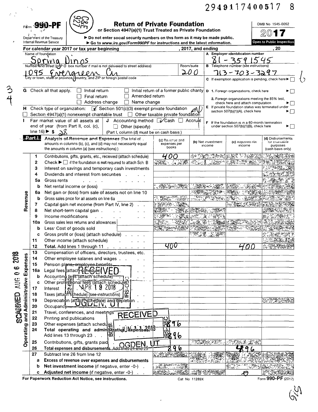 Image of first page of 2017 Form 990PF for Spring Dinos