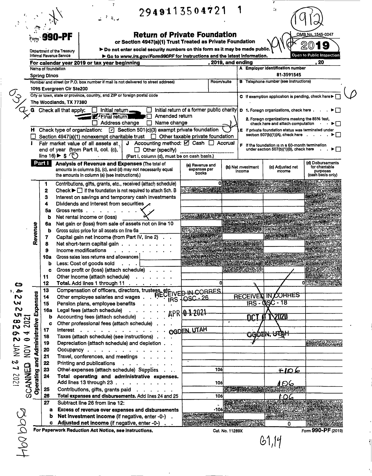 Image of first page of 2019 Form 990PF for Spring Dinos