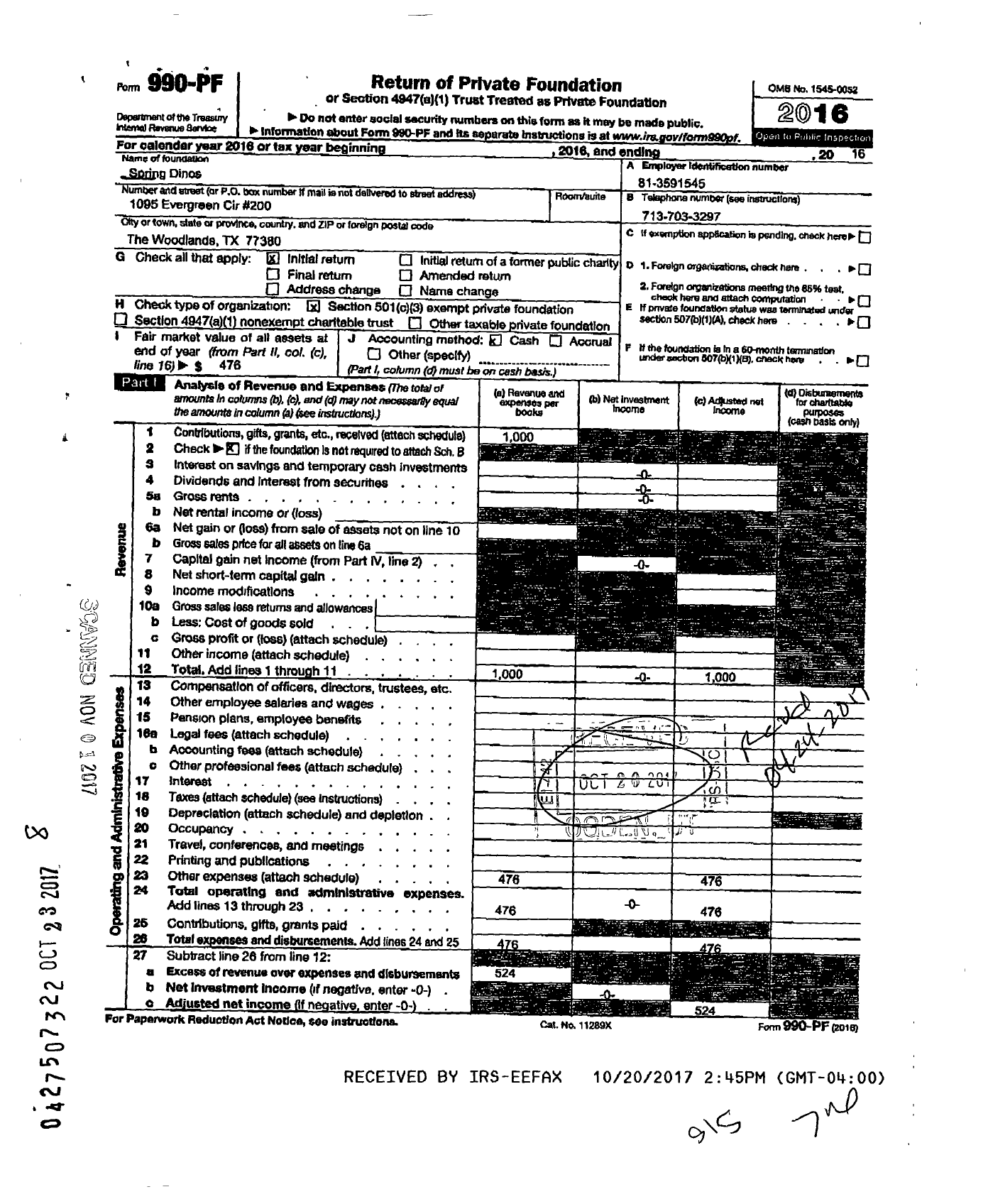 Image of first page of 2016 Form 990PF for Spring Dinos