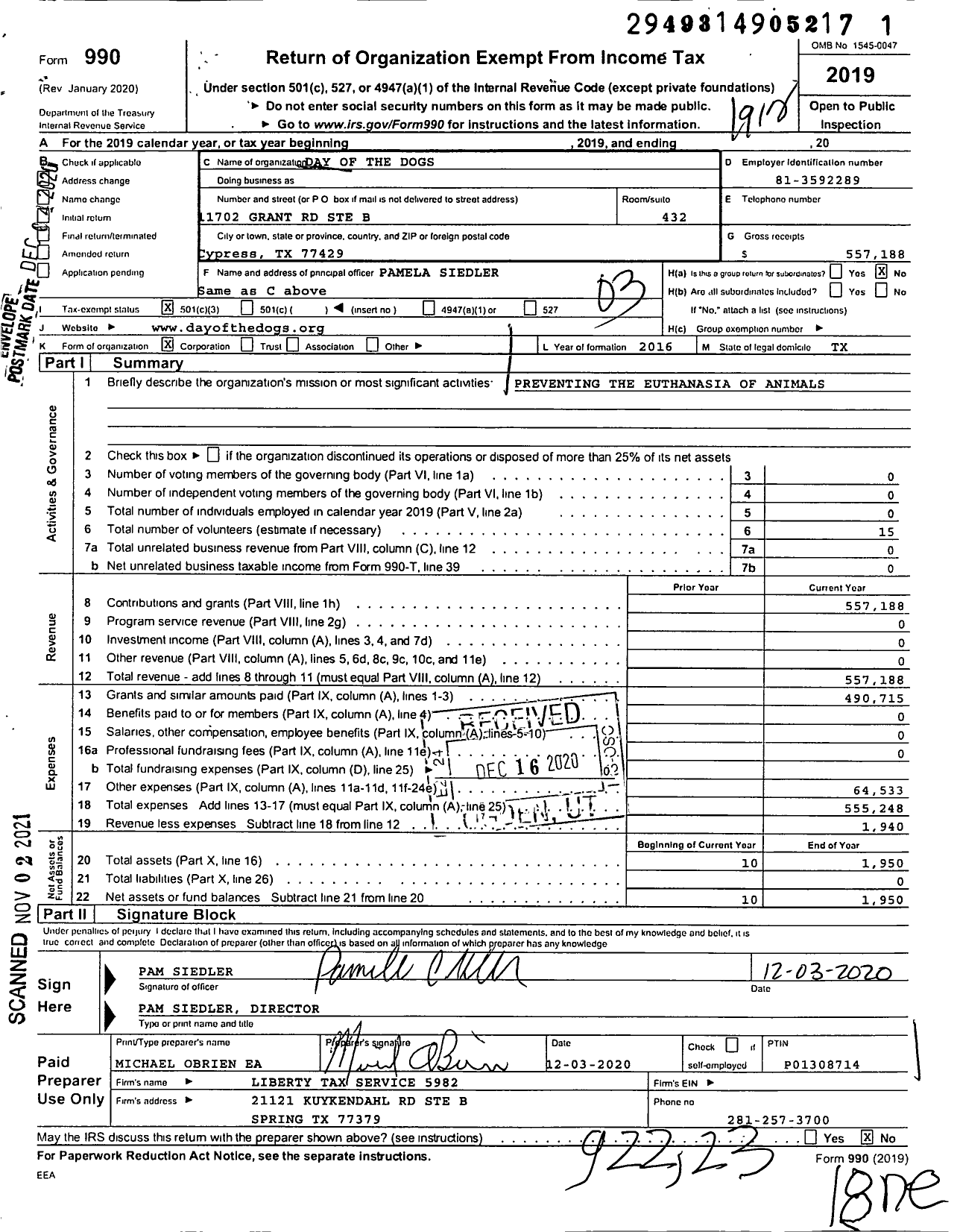 Image of first page of 2019 Form 990 for Day of the Dogs