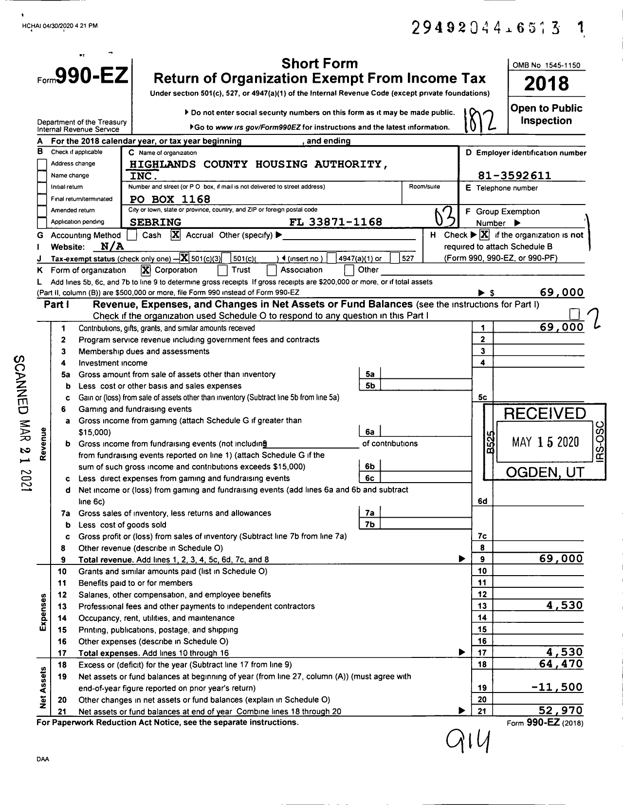 Image of first page of 2018 Form 990EZ for Highlands County Housing Authority