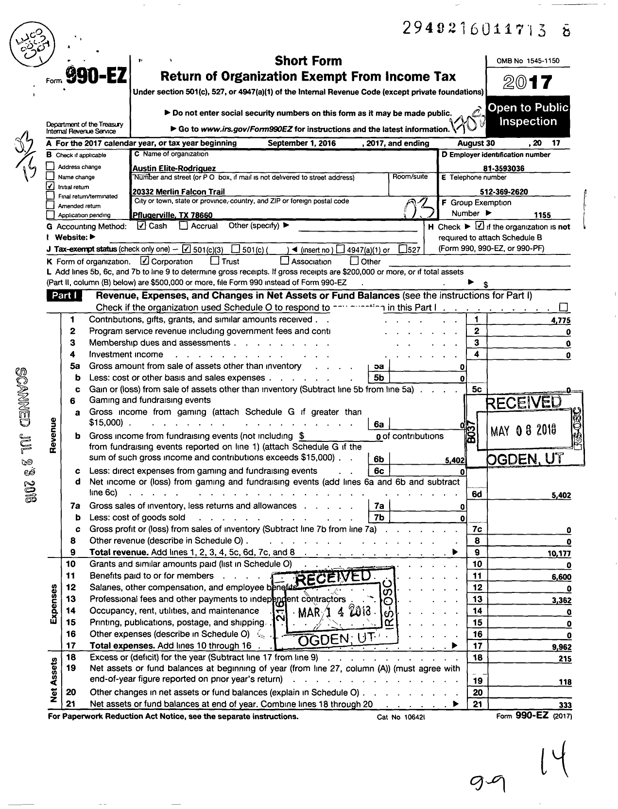 Image of first page of 2016 Form 990EZ for Amateur Athletic Union - Austin Elite-Rodriguez