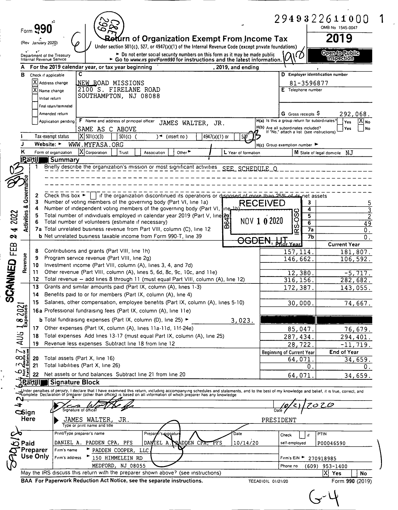 Image of first page of 2019 Form 990 for New Road Missions