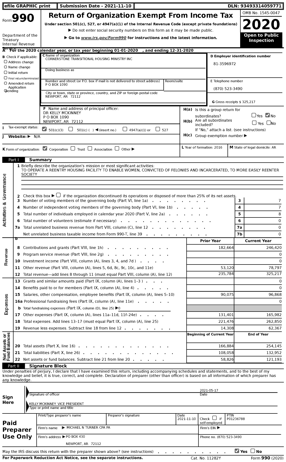 Image of first page of 2020 Form 990 for Cornerstone Transitional Housing Ministry