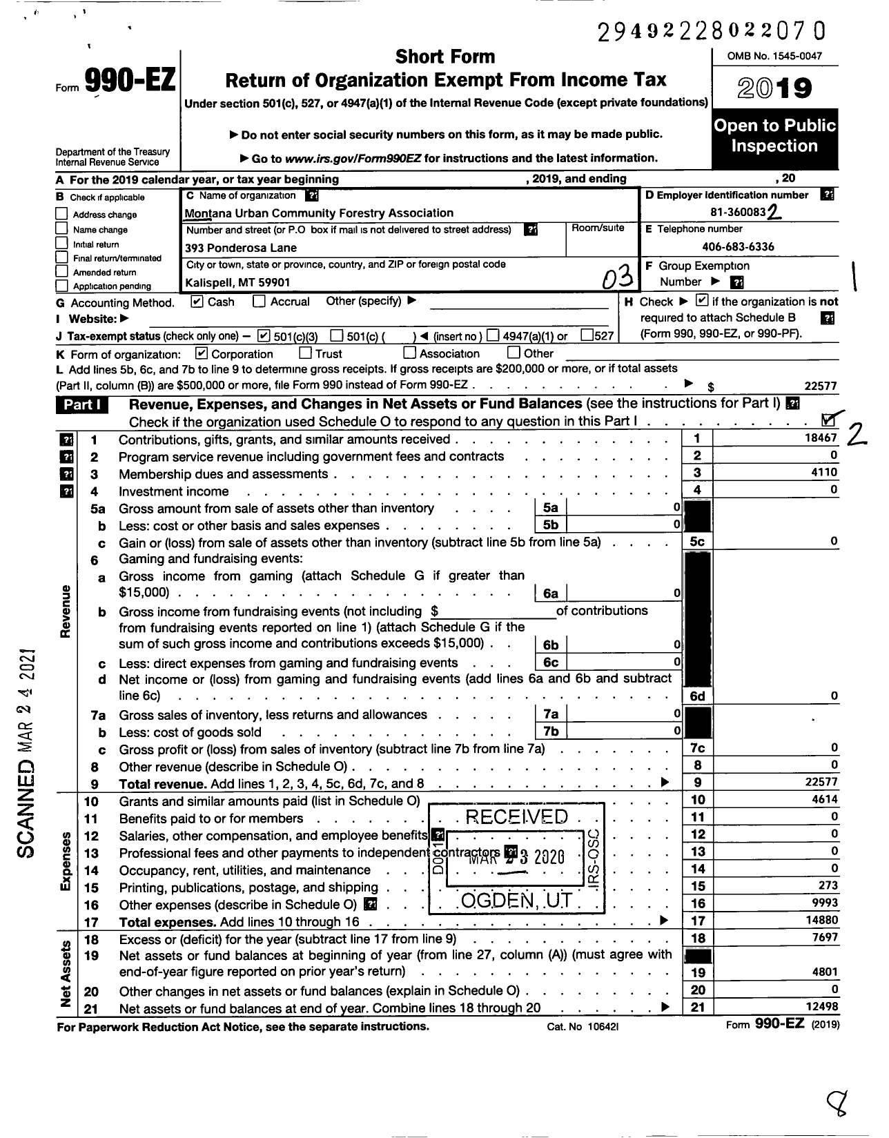 Image of first page of 2019 Form 990EZ for Montana Urban and Community Forestry Association