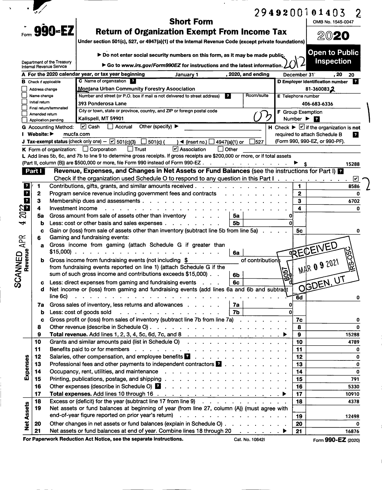 Image of first page of 2020 Form 990EZ for Montana Urban Forestry Association