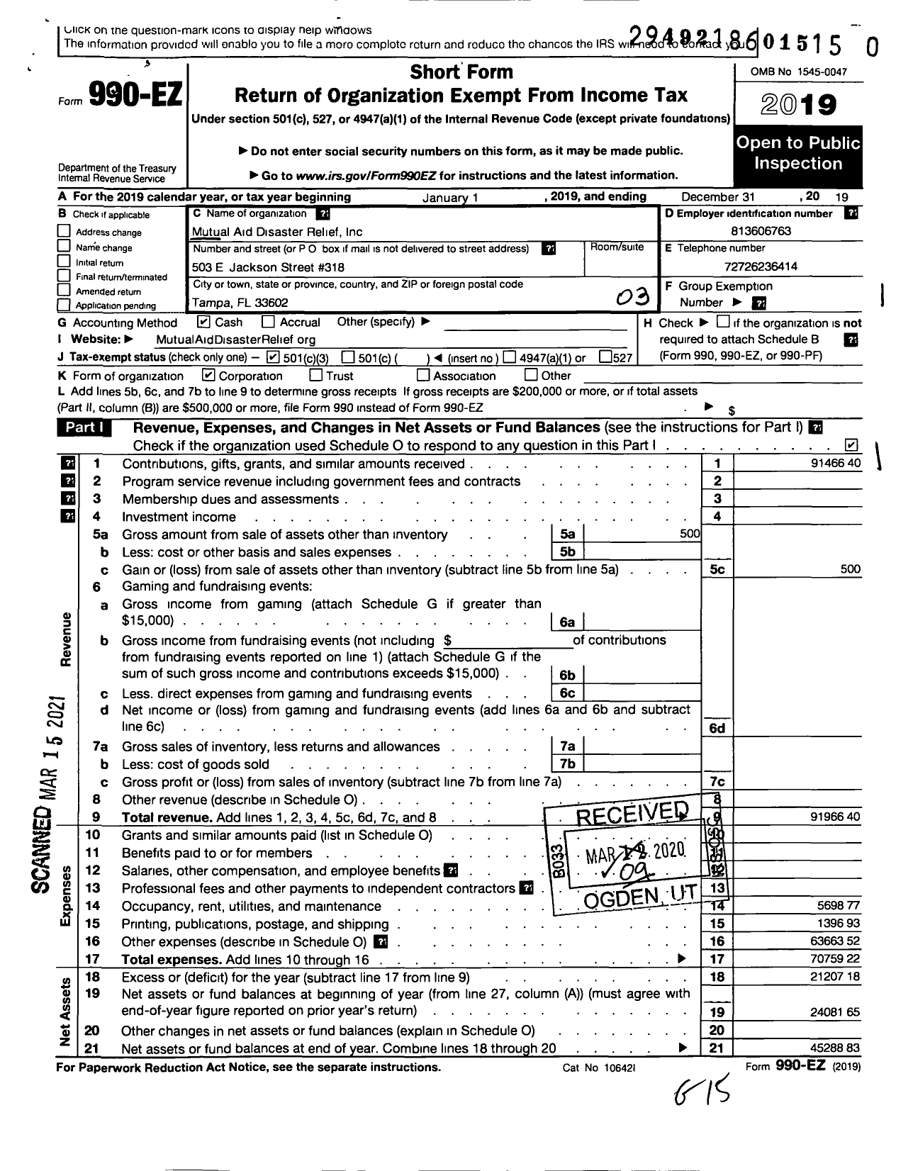 Image of first page of 2019 Form 990EZ for Mutual Aid Disaster Relief