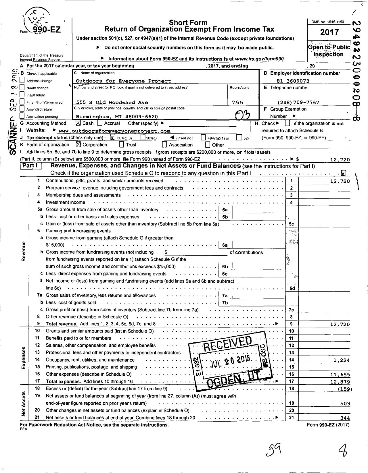 Image of first page of 2017 Form 990EZ for Outdoors for Everyone Project