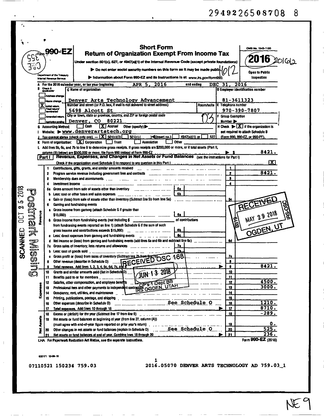 Image of first page of 2016 Form 990EZ for Denver Arts Technology Advancement