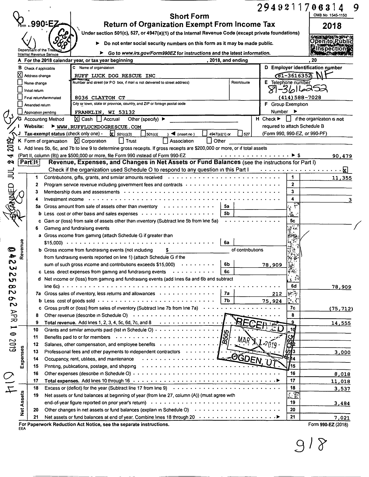 Image of first page of 2018 Form 990EZ for Ruff Luck Dog Rescue