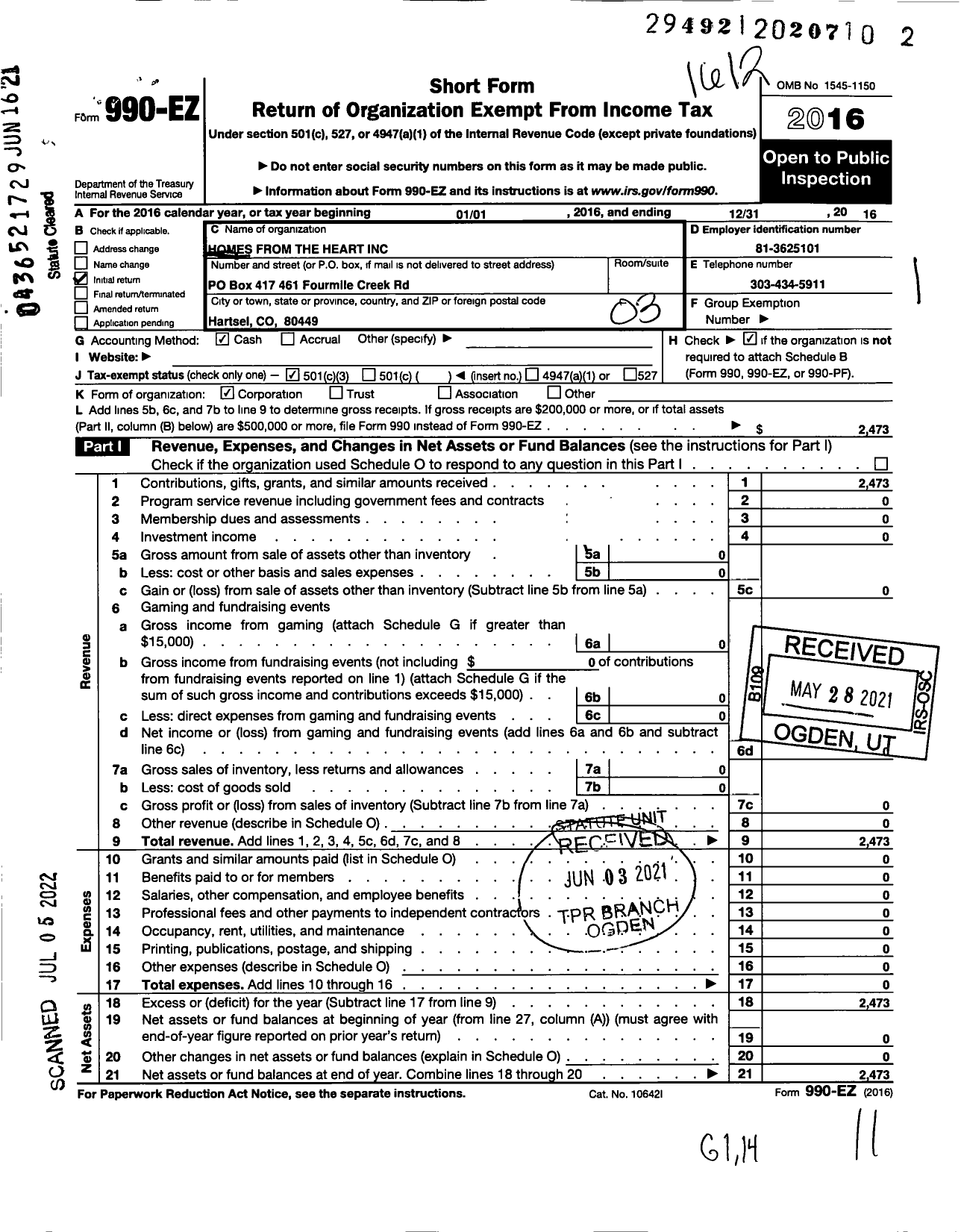 Image of first page of 2016 Form 990EZ for Homes From the Heart