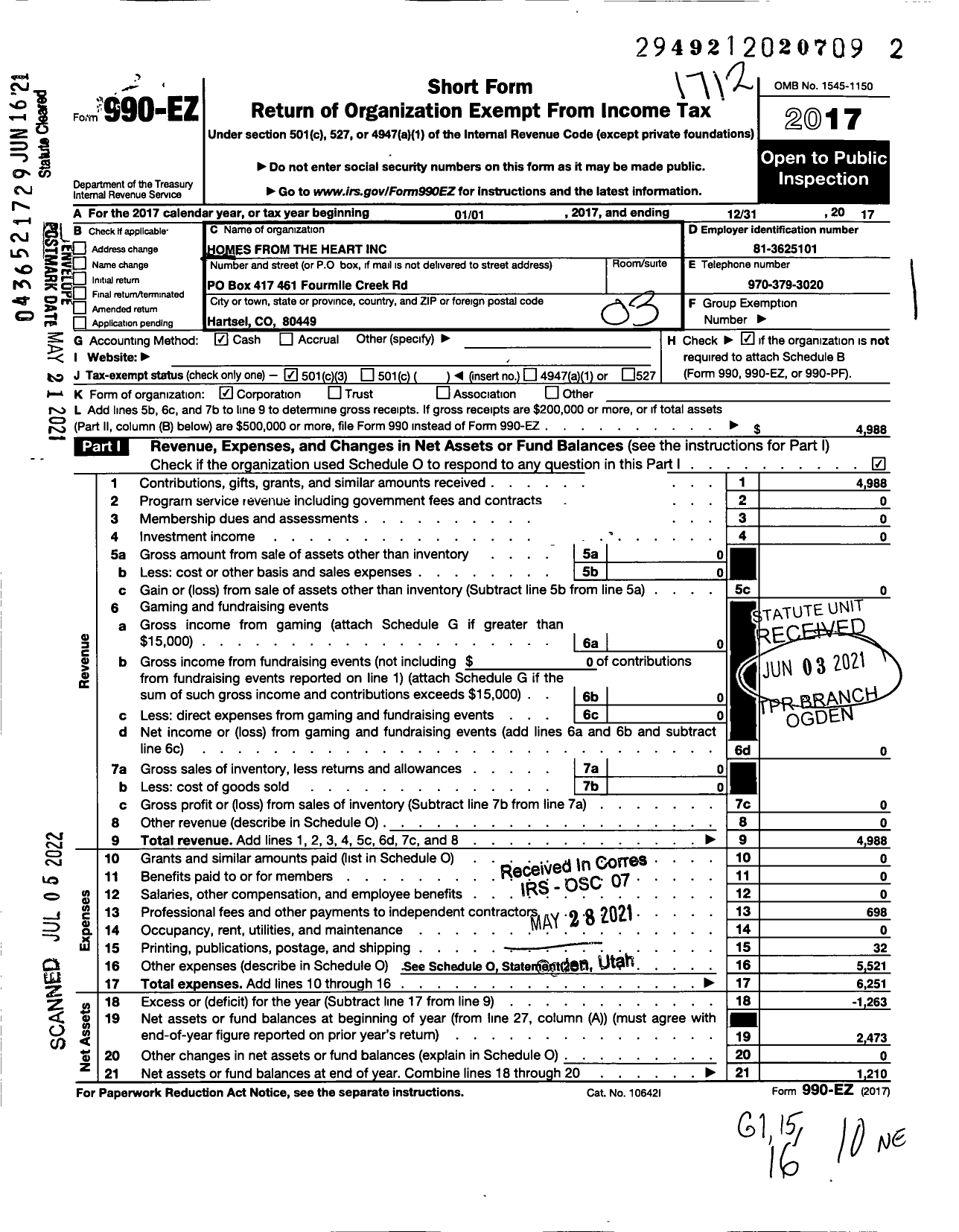 Image of first page of 2017 Form 990EZ for Homes From the Heart