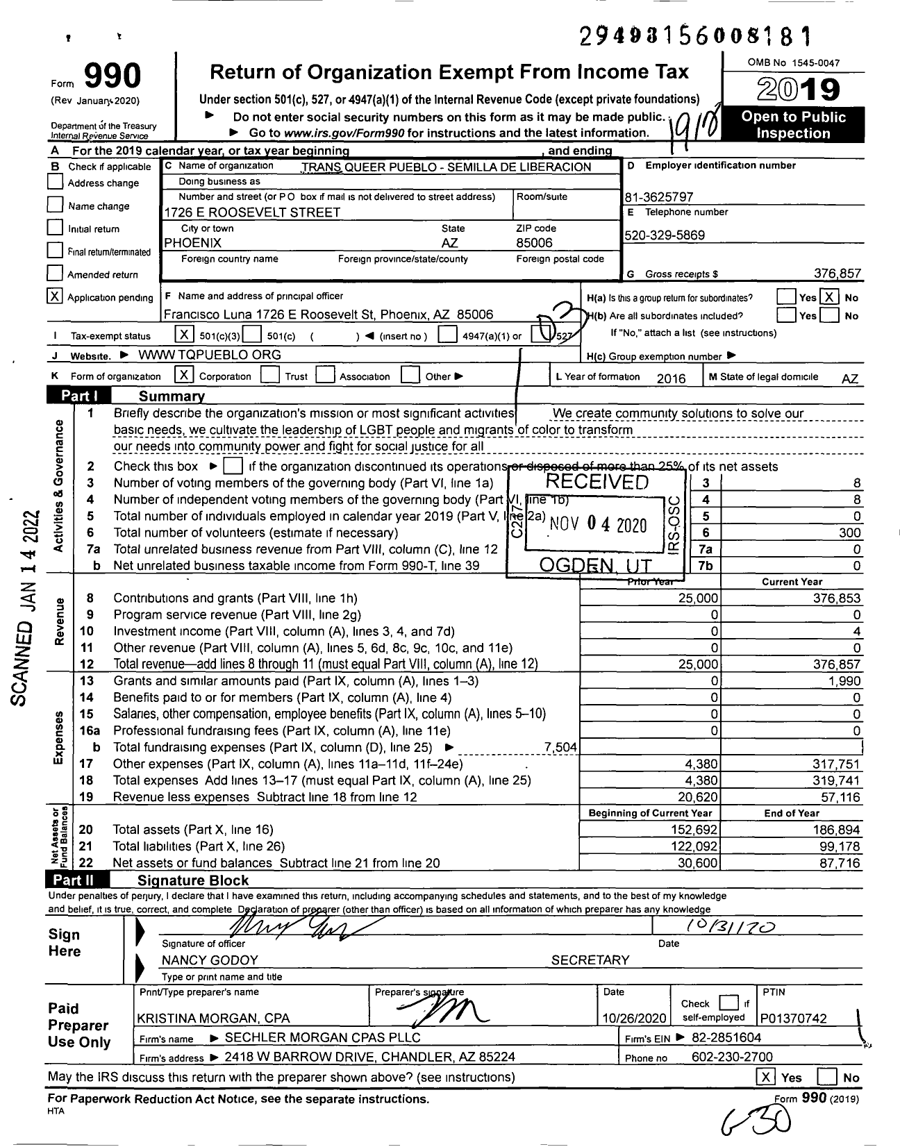 Image of first page of 2019 Form 990 for Trans Queer Pueblo - Semilla de Liberacion