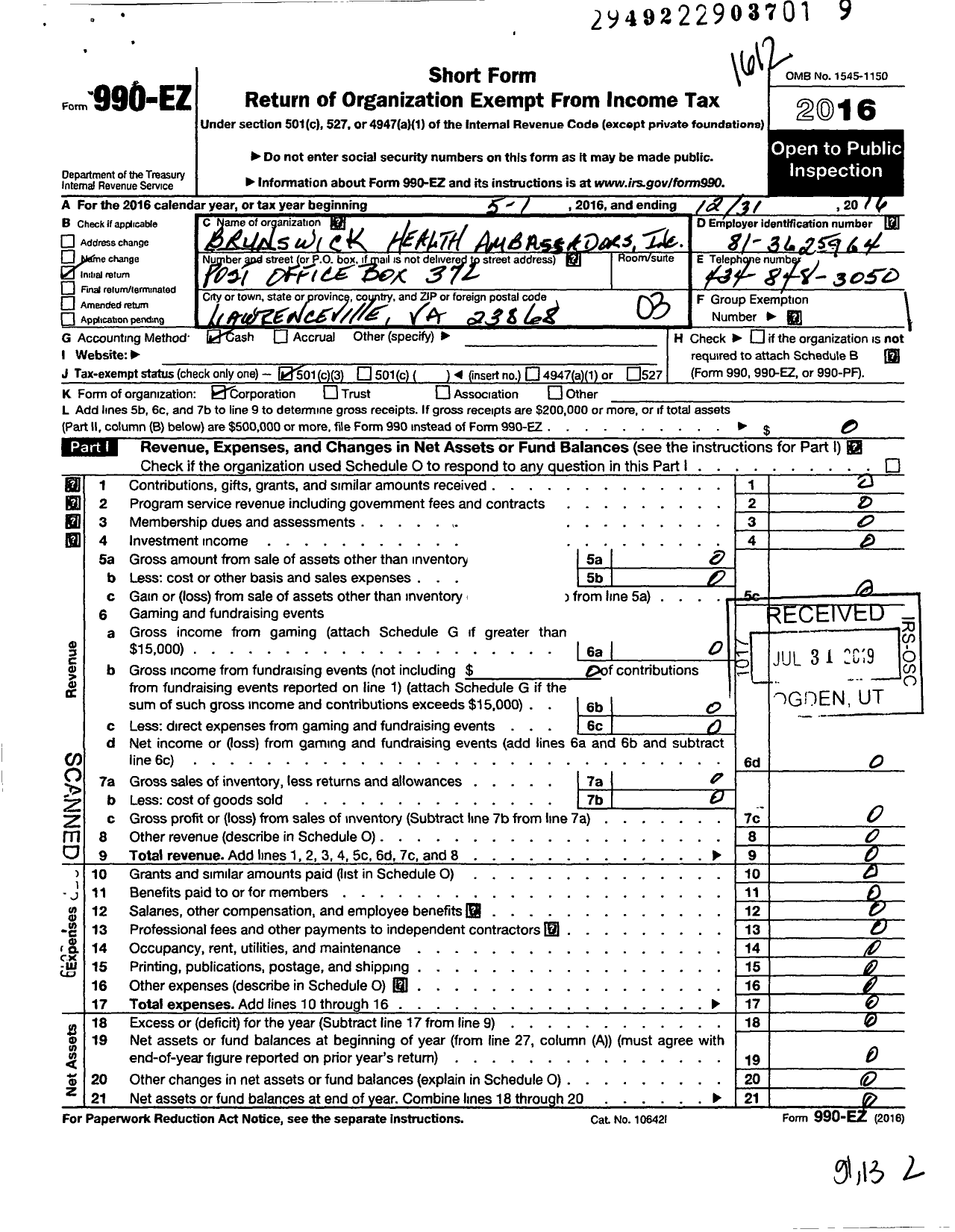 Image of first page of 2016 Form 990EZ for Brunswick Health Ambassadors