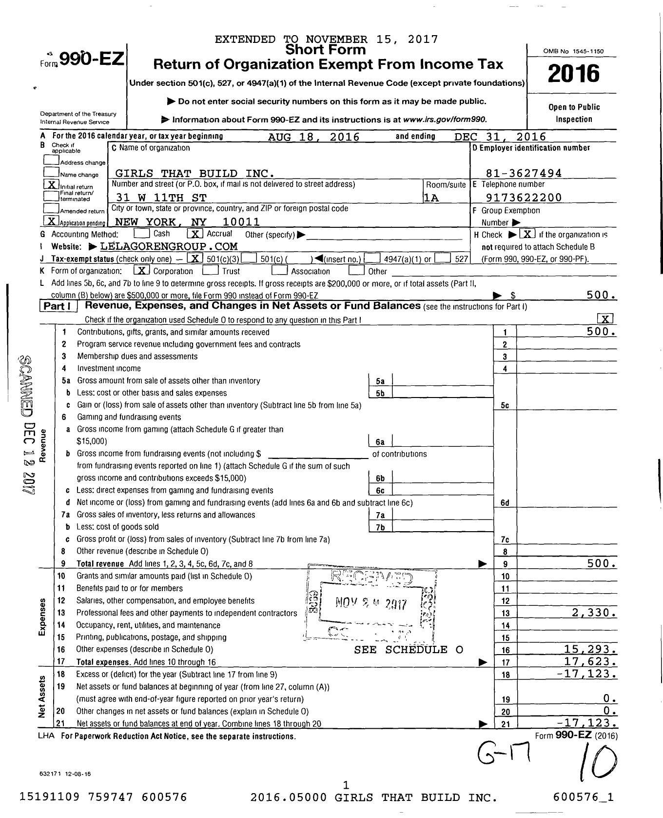 Image of first page of 2016 Form 990EZ for Girls That Build