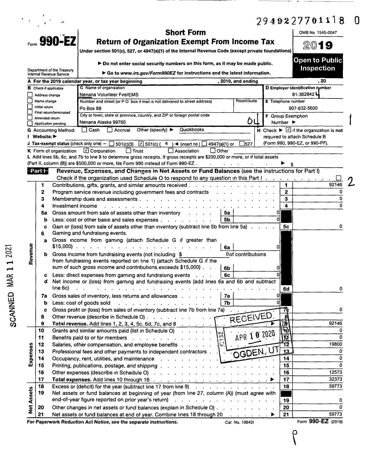 Image of first page of 2019 Form 990EO for Nenana Volunteer Fireems Department