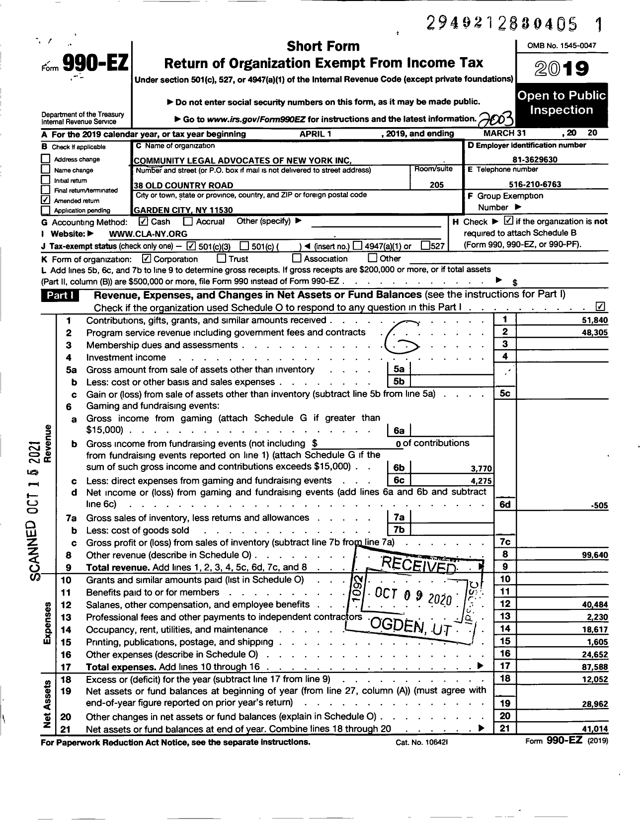 Image of first page of 2019 Form 990EZ for Community Legal Advocates of New York