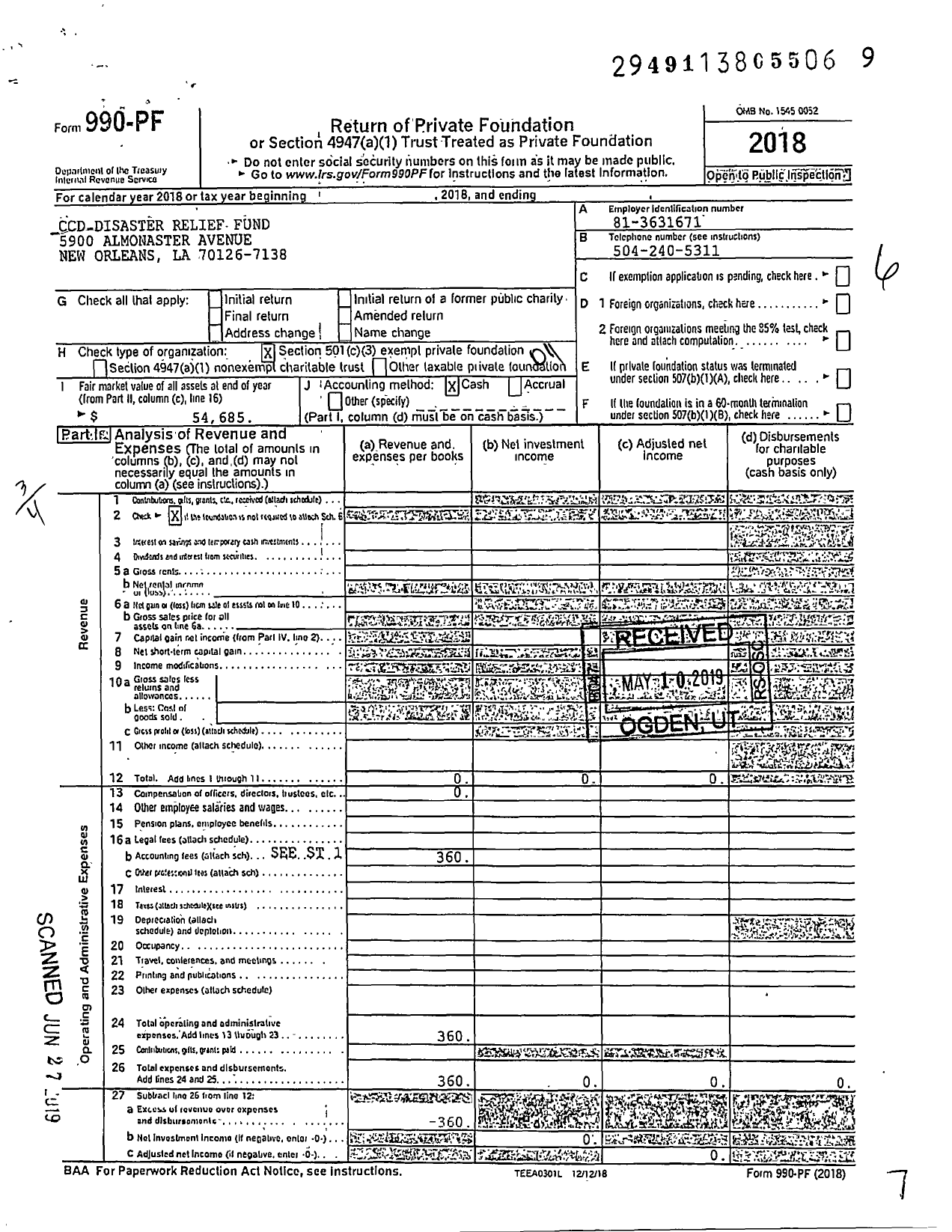 Image of first page of 2018 Form 990PF for CCD Disaster Relief Fund