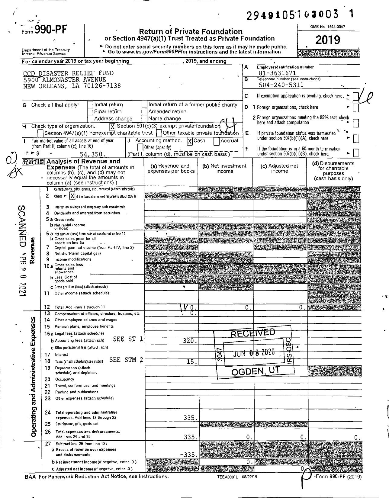 Image of first page of 2019 Form 990PF for CCD Disaster Relief Fund