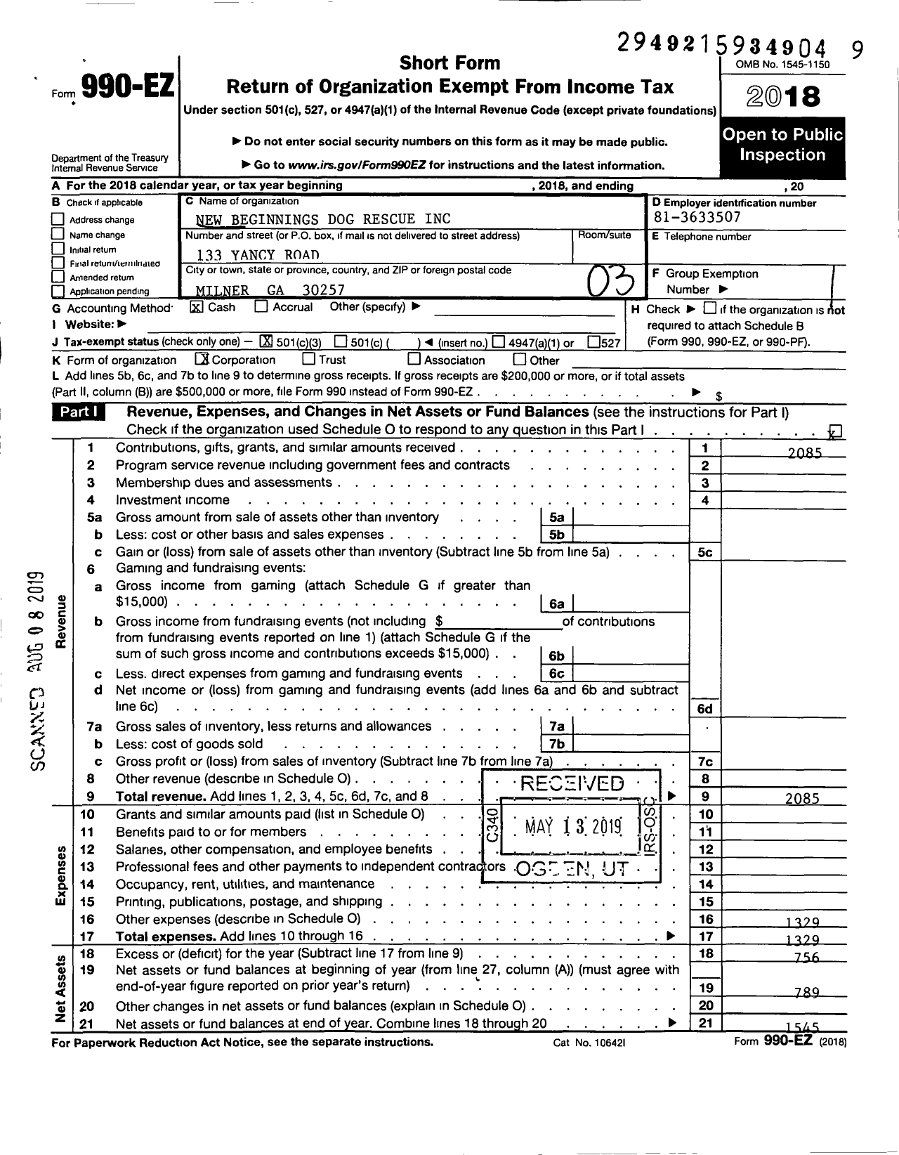 Image of first page of 2018 Form 990EZ for New Beginnings Dog Rescue